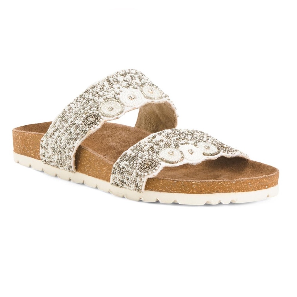 NWB ROAN by Bed Stu Jury Slide Sandal White Multi Bead Embellished Size 7.5